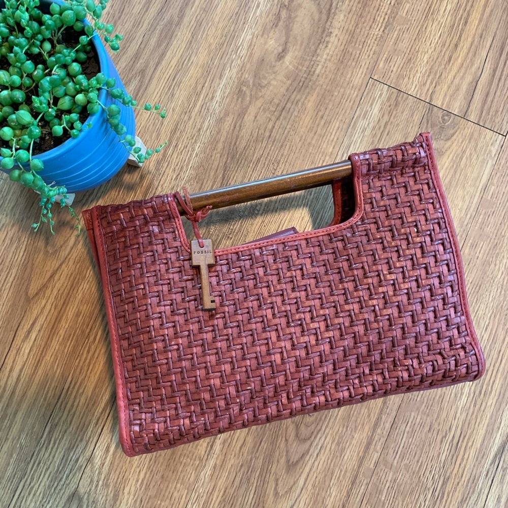 Fossil Boho Woven Red Handbag Wood Handles